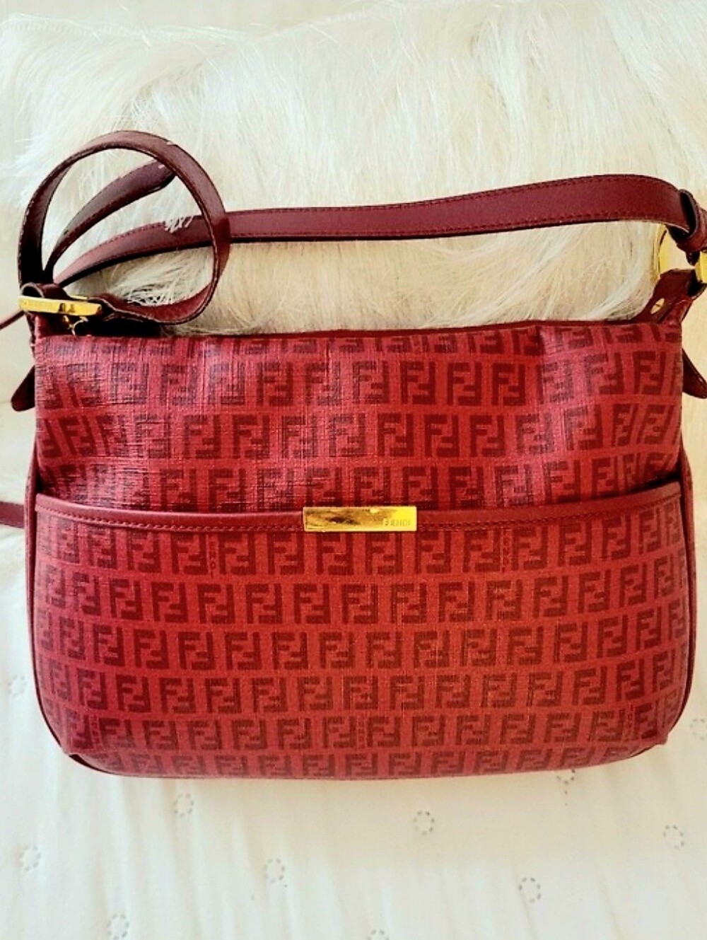 VTG Fendi Zucchino Spalmati Coated Canvas Crossbody Messenger Shoulder Bag Red